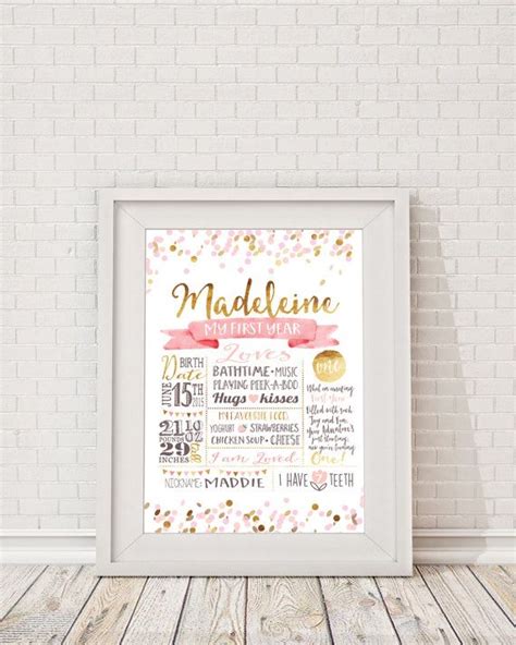 First Birthday Poster Gold Pink Confetti Milestone Board Baby Girls