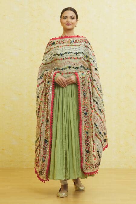 Buy Off White Embroidered Phulkari Border Dupatta For Women By Khwaab