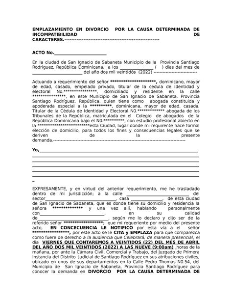 Modelo De Emplazamiento De Divorcio Por Incimpatibilidad De Caracteres Emplazamiento En