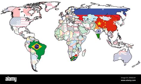 BRICS member countries flags on political world map with national ...