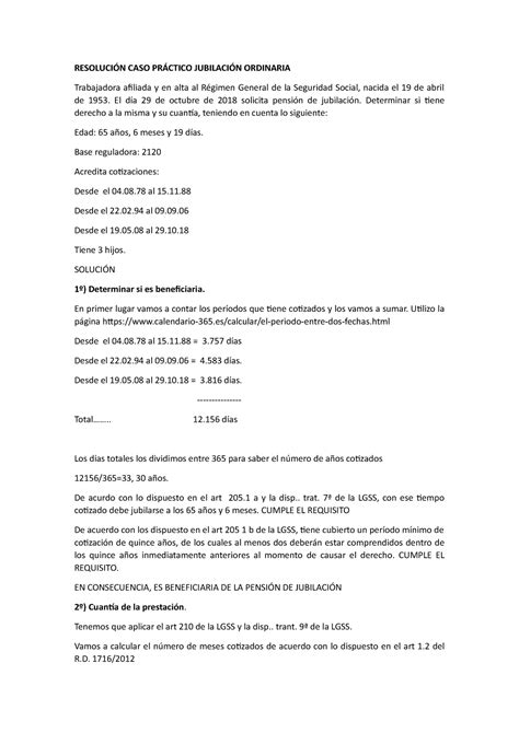 ResoluciÓn CASO PrÁctico JubilaciÓn Ordinaria RESOLUCIÓN CASO