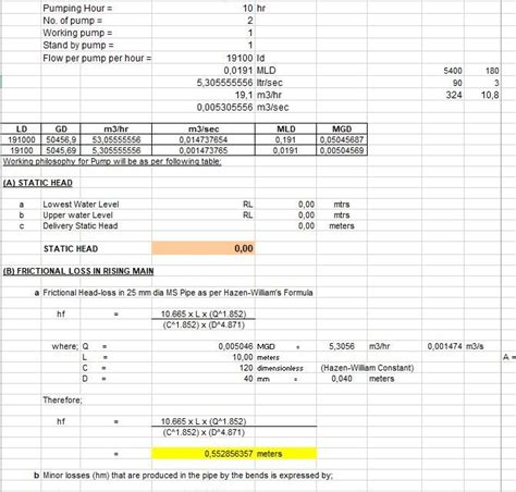 Head Loss Pump Calculation Spreadsheet