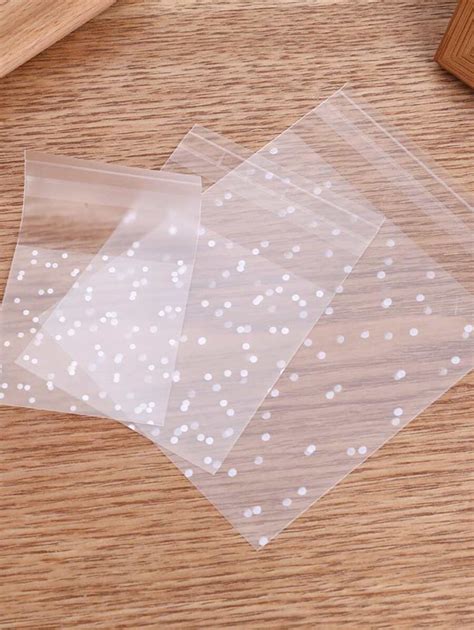 100pcs Clear Plastic Self Adhesive Candy Cookies Bag With White Polka