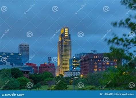 Omaha Nebraska First National Bank Building With Skyline At Dusk