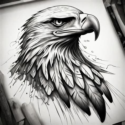 A Drawing Of An Eagle With Feathers On It S Head And Wings Drawn In Pencil