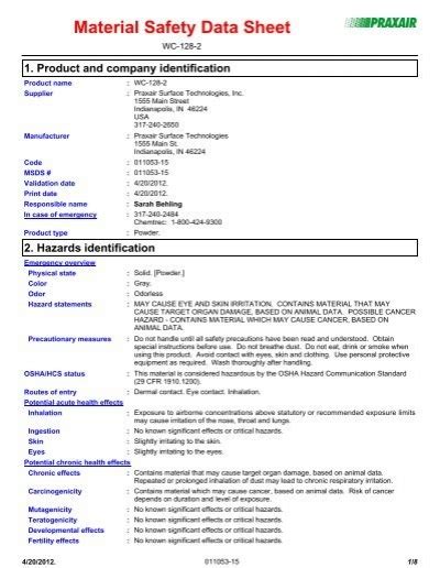 Material Safety Data Sheet - Praxair Surface Technologies