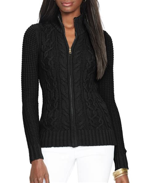 Ralph Lauren Lauren Mixed Knit Zip Cardigan In Black Lyst