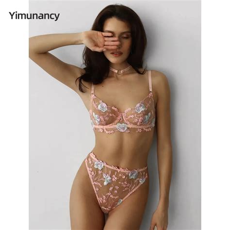 Yimunancy Embroidery Lingerie Set Women Floral Boho 3 Piece Bra Panty