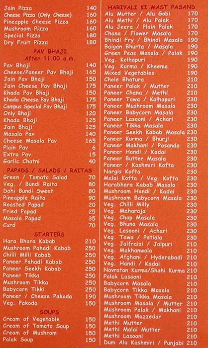 Menu Of Campus Veg Treat Mulund East Mumbai