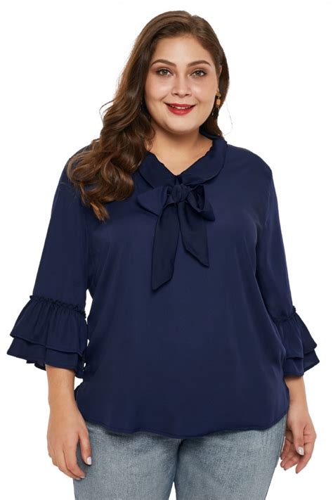 Navy Blue Tie Neck Ruffle Sleeved Plus Size Blouse Plus Size Blouses