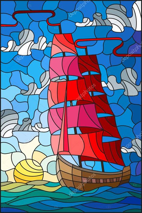 Ilustraci N En Estilo Vitral Con Un Viejo Barco Navegando Con Velas