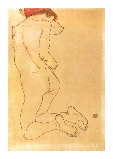 Egon Schiele Erotic Drawings Kneeling Nude With Red Ribbon