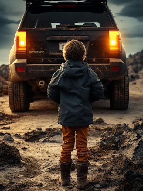 Un niño parado frente a un auto Foto Premium