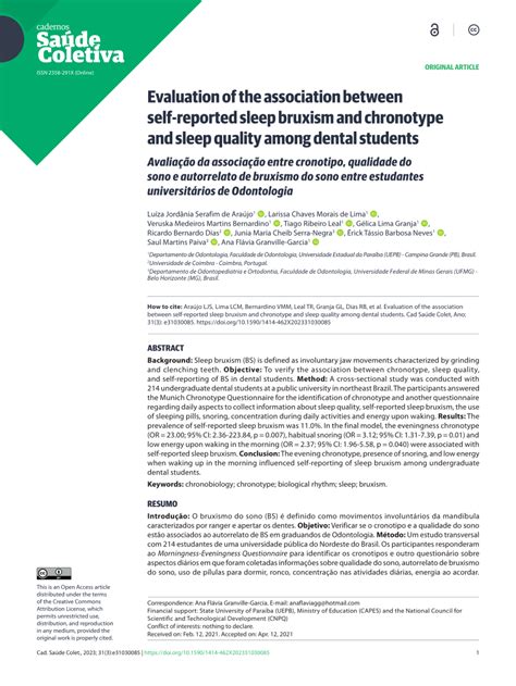 Pdf Evaluation Of The Association Between Self Reported Sleep Bruxism