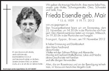 Traueranzeigen Von Frieda Eisendle Trauer Bz