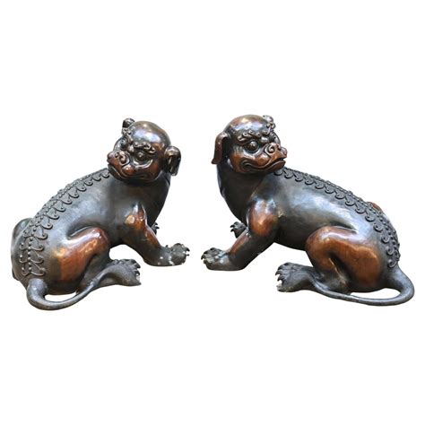 Pair Bronze Chinese Foo Dogs Guardian Lions Antique In Antique Bronze