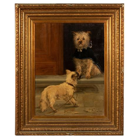 19th Century Oil Painting Cavalier King Charles Spaniel Dogs And A Cat