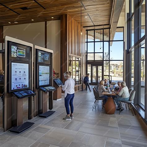 A community center with digital kiosks and interactive displays for