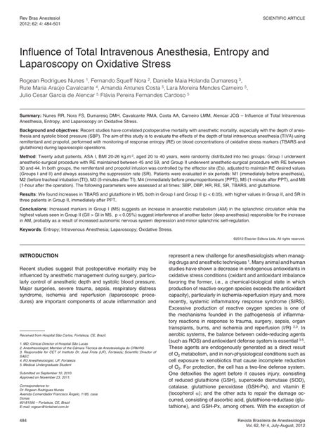 PDF Influência da anestesia venosa total entropia e laparoscopia