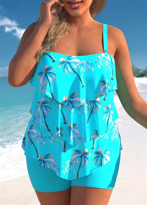 ROTITA Coconut Tree Print Cyan Layered Hem Tankini Set Rotita