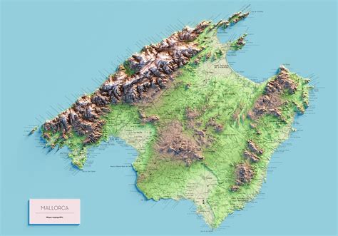 Colored Topographic Map Of The Island Of Mallorca Etsy