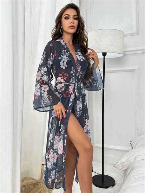 Floral Print Belted Mesh Robe Without Lingerie Set Shein Usa