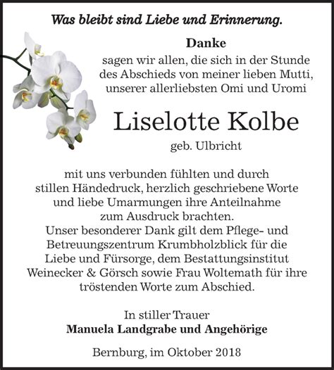 Traueranzeigen Von Liselotte Kolbe Abschied Nehmen De