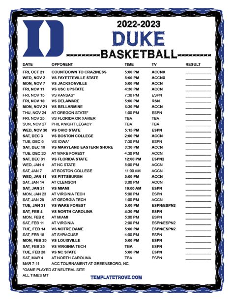 Printable 2022 2023 Duke Blue Devils Basketball Schedule