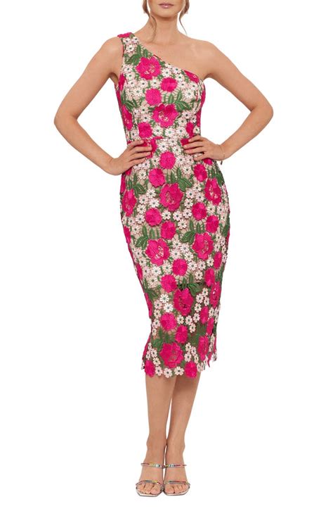 Xscape Floral Embroidered One Shoulder Midi Dress Nordstrom