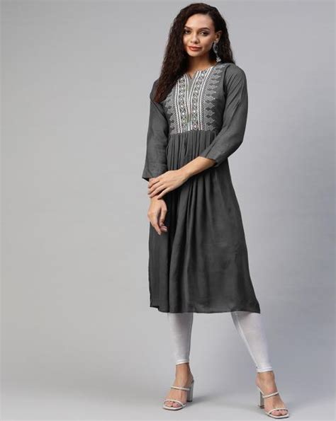 Buy Aarika Women S Grey Color Embroidery Work Flaired Kurti Online At