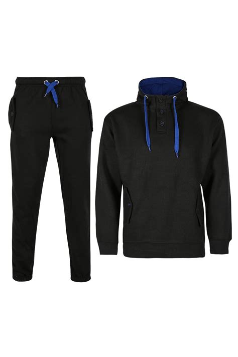 Mens Hooded Tracksuit Gym Contrast Jogging Full Top Fleece Bottoms