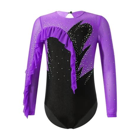 Yeahdor Girls Figure Skating Bodysuit Shiny Rhinestone Long Sleeve