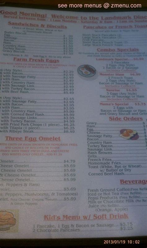 Menu at Landmark Diner restaurant, Greer, 210 Zuber Rd