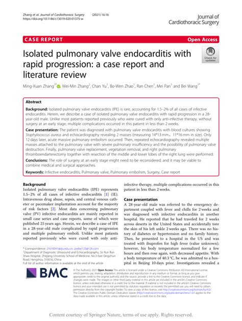 Pdf Isolated Pulmonary Valve Endocarditis With Rapid Progression A Case Report And Literature