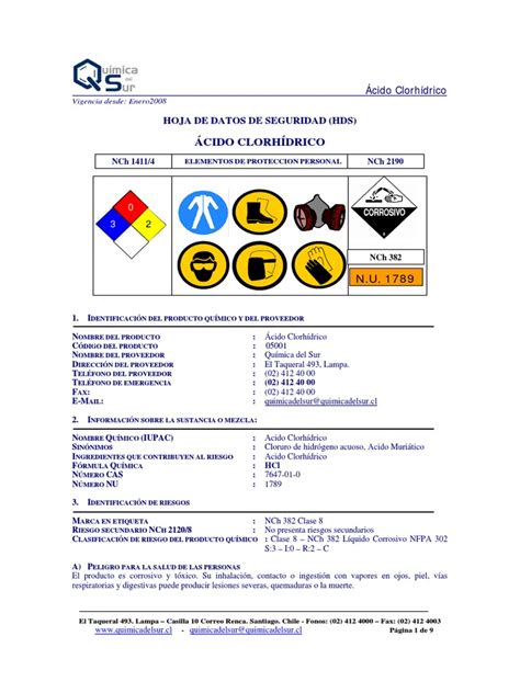 Hoja De Seguridad Hcl Completa Ácido Clorhídrico Hidrógeno