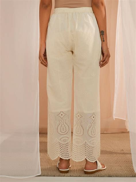 Buy Off White Embroidered Cotton Straight Fit Palazzos Online At Rs 839