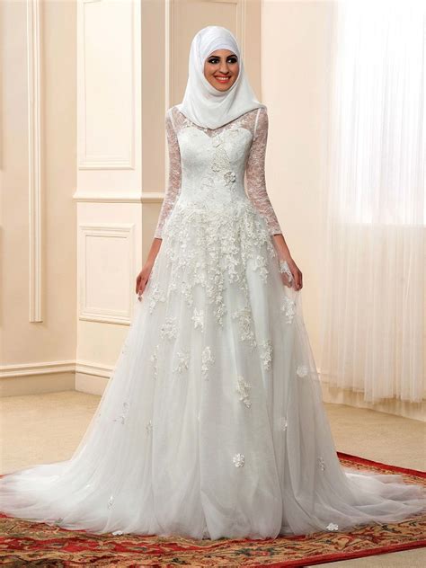 High Neckline Long Sleeve Lace Muslim Wedding Dress With Hijab Free