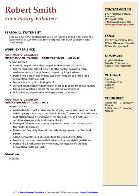 10+ Food Pantry Volunteer Resume Samples & Templates for 2025