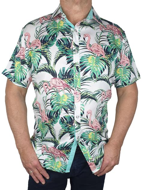 Flamingos Hawaiian Cottonrayon Ss Big Mens Shirt Greenpink