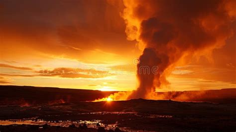 The Geysers Eruption Silhouetted Against a Fiery Sunse Stock Photo - Image of flora, sunset ...