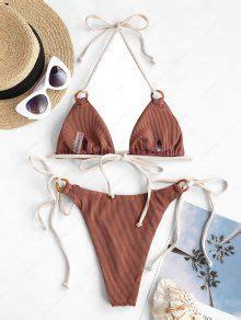 Zaful Ribbed O Ring Contrast Strap String Bikini Swimwear In Coffee