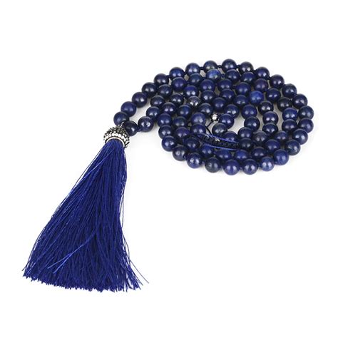 Bohemia Boho Dark Navy Blue Tassel 8mm Lapis Lazuli Lace Onyx Stone Bead Knots Chain Long Silk