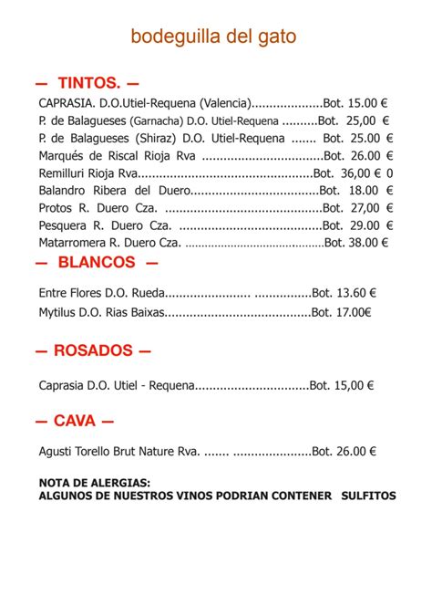 Menu La Bodeguilla Del Gato In Valencia Thefork