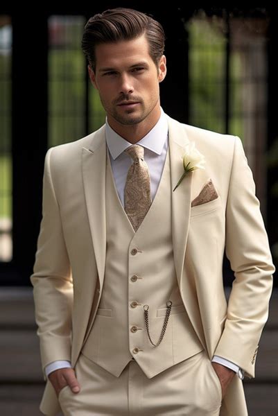 Men 3 Piece Suit Wedding Suit 3 Piece Cream Suit Elegant Sainly Sainly