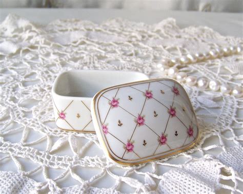 Vintage Porcelain Trinket Box Blue Pink Roses White Porcelain Etsy