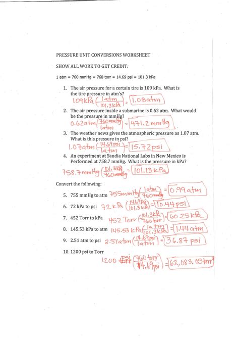 Pressure Unit Conversions Tire 109kpa Answersheetpdf Lecture