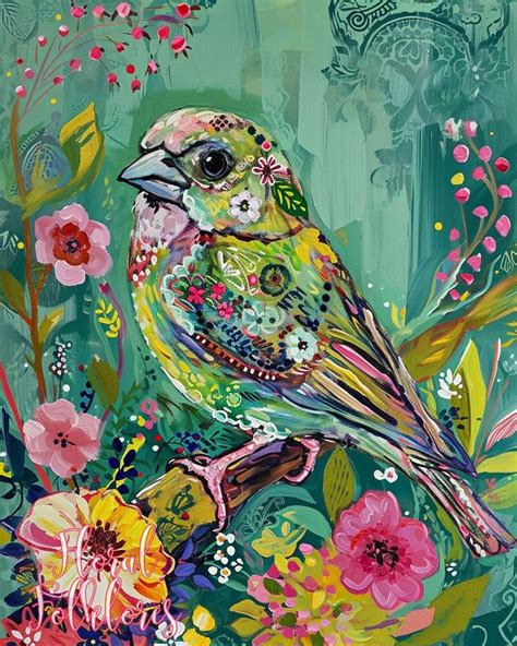 Whimsical Green Floral Sparrows 2 Set Whimsical Bird Art Contemporary