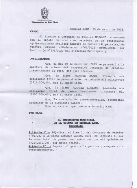 Concurso De Precios N Municipalidad De General Acha