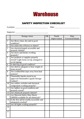 9+ SAMPLE Warehouse Safety Inspection Checklist in PDF