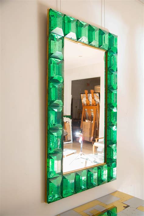 Pair Of Large Emerald Green Diamond Murano Glass Mirror In Stock For Sale At 1stdibs